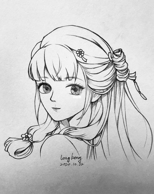 手绘动漫画古风长发少女人物头像线稿步骤