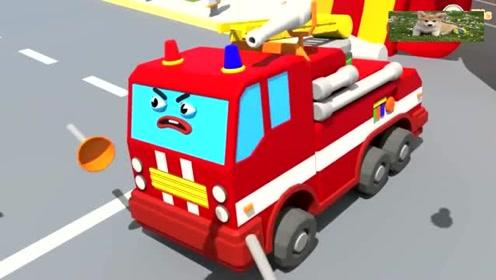 儿童3d卡通动画,消防车和怪物卡车在城市街道相互恶搞