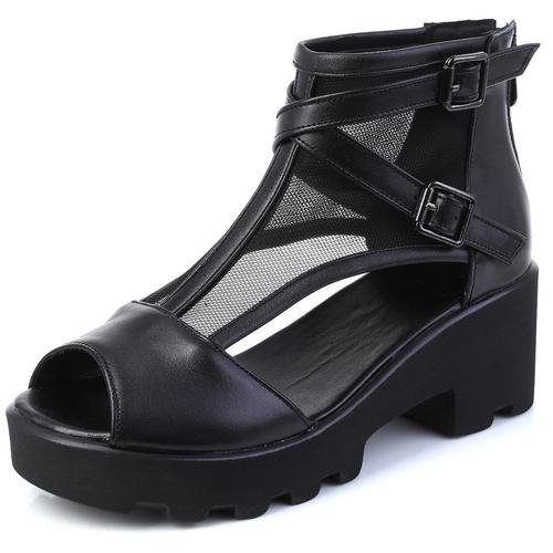 厚底坡跟鱼嘴凉鞋高帮女轻便真皮夏季网纱高跟时装凉鞋