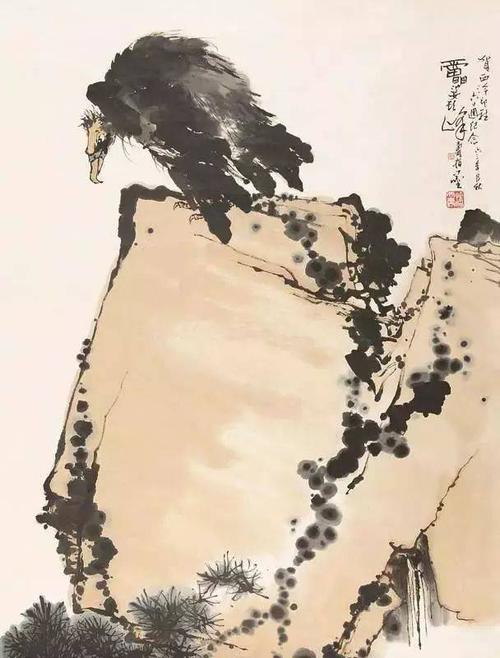 潘天寿,指墨画,鹰石图,毛笔,松鹰图,花鸟画