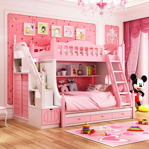 莱柯檑高低床儿童床上下床女孩双层床公主粉色实木子母床多功能床组合