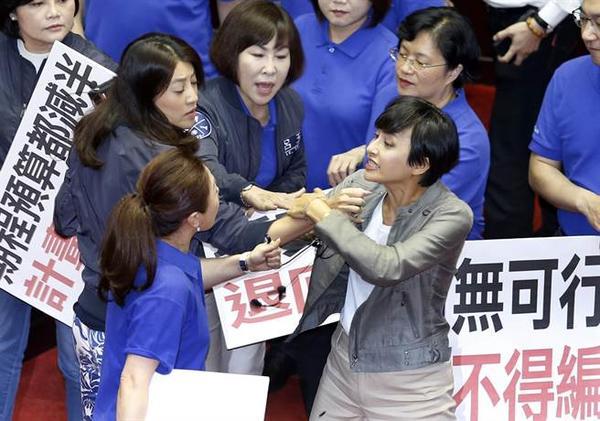 蓝绿激烈拉扯,邱议莹衣服被揪住.(图片来源:中时电子报)