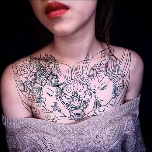 割线三面龙姬割线纹身贴持久胸前大图 男女刺青花臂