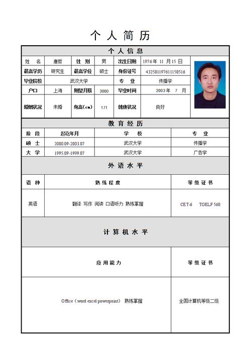 个人简历(表格模板).doc