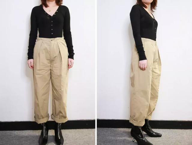 但这条裤子腰部的褶裥会 显得胯宽,腹部凸起,所以 不适合圆润丰满和有