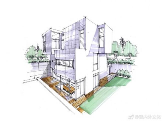 单体现代别墅建筑马克笔手绘效果图教程 带上色步骤线稿 水泥板外墙