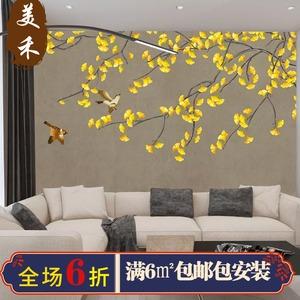秋意银杏叶中式工笔手绘花鸟壁纸卧室客厅电视背景墙壁画无缝墙纸