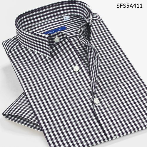 第五季夏季新款纯棉黑白格子衬衫男短袖商务高纱支免烫抗皱男衬衣视频