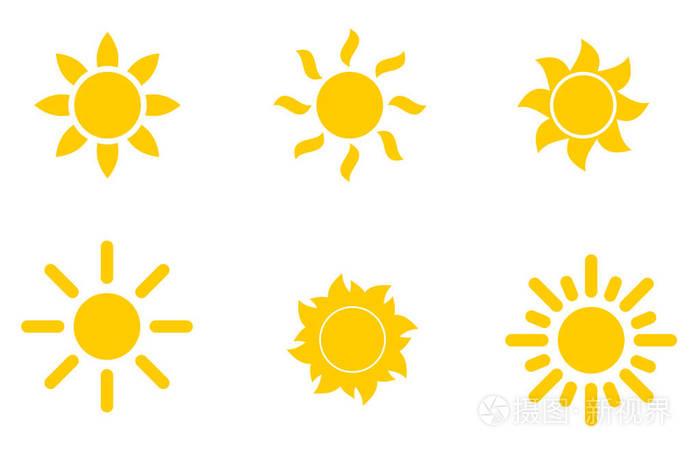 一组黄色的太阳图标孤立在白色背景上. 预测图标. 矢量天气符号