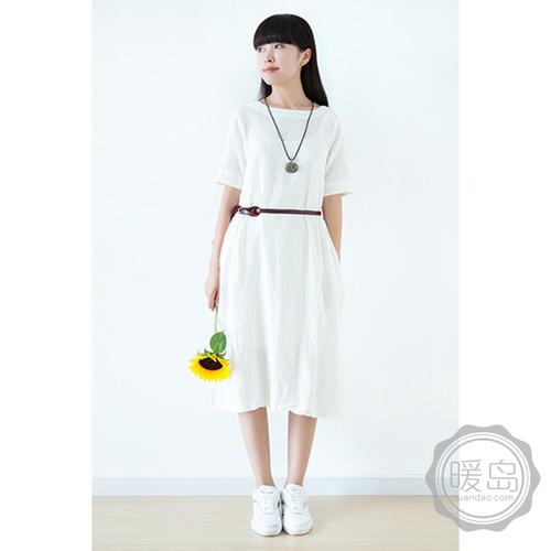 2014春夏 文艺清新森女风宽松棉麻连衣裙 麻muji白色中长款连衣裙(配