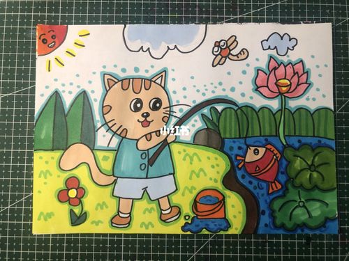 小猫钓鱼91_垂钓_猫咪_儿童画_人文_绘画
