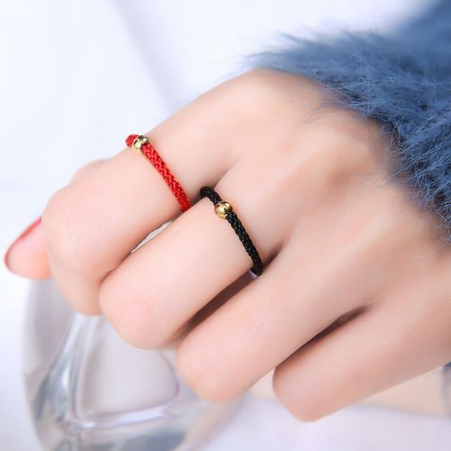 抖音同款小金珠戒指女转运珠戒指情侣款手工红绳金豆不掉色编织戒