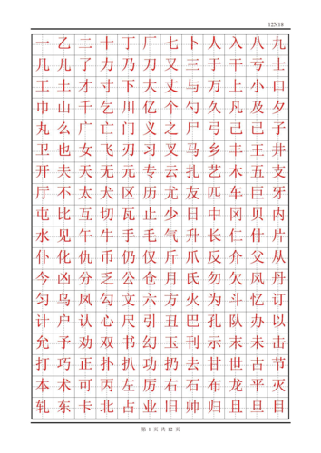 汉字表大全2500常用字(已嵌套田字格模板)-按字形结构