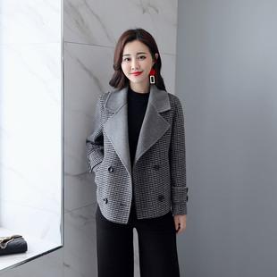 修身2020新款矮小个子毛呢外套春装千鸟格子双面呢羊绒大衣女短款