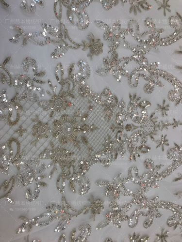 涤纶小亮片绣花布 香槟色珠管绣 婚纱礼服面料