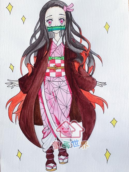 动漫|鬼灭之刃|祢豆子|水彩_水彩_动漫_简笔画_插画