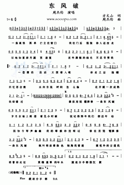 简谱图为gif格式,大小为660x987像素.由周杰伦演唱