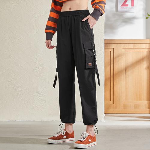直降价1399元唐狮春新款休闲裤女时尚潮流抽绳束脚裤黑色工装裤宽松长