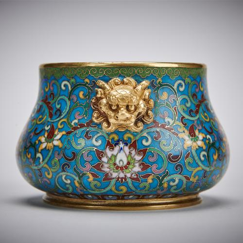 现代铜炉第一师陈巧生 掐丝珐琅狮耳深腹圆炉 巧生炉