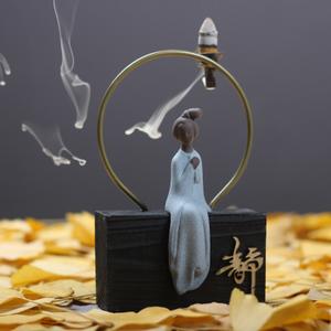 迷你禅意风化木铁艺倒流香炉 陶瓷小沙弥仕女弥勒家居装饰工艺品