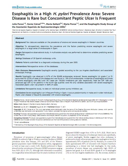 esophagitisinahighhpyloriprevalenceareaseverediseaseisrarebut