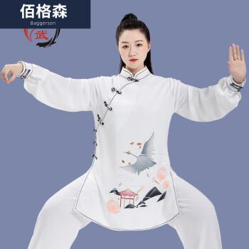 鹤婷春秋新款太极服女武术练功服斜襟太极拳表演服印花套装白色xs