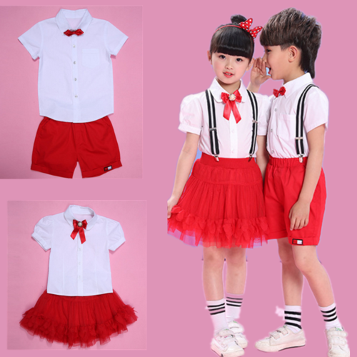 女童漂亮白色短袖衬衣大红色蓬蓬纱半身短裙裤校服男童帅气园服潮