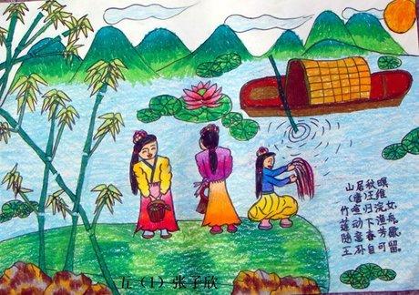 王维的山居秋暝诗配画-儿童画作品欣赏