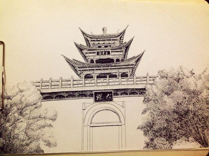 钢笔画 大理古城