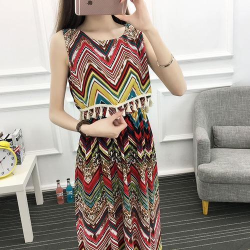 828新款夏季无袖大码民族风碎花人造棉中长款连衣裙学生女士棉绸裙子