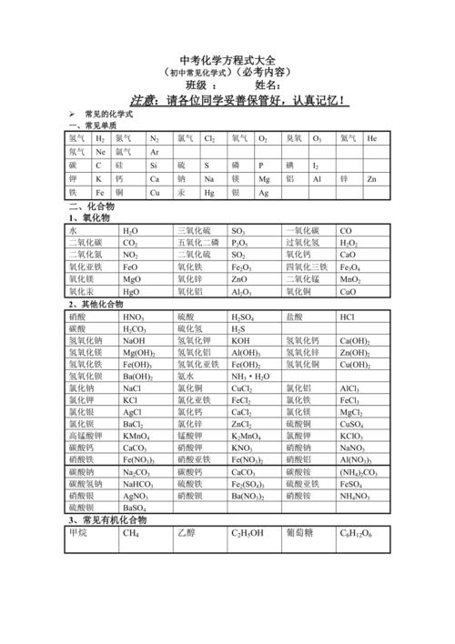 初中常见化学式大全