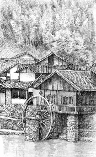 素描风景画不来?先把单色玩一遍!零基础教你画风景竹楼水车