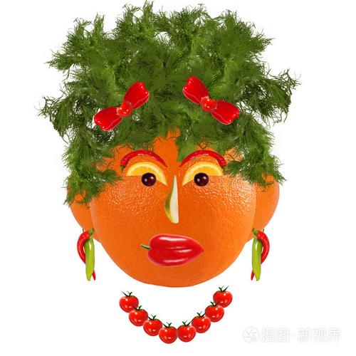 健康的饮食.水果和蔬菜制成的滑稽的女人脸