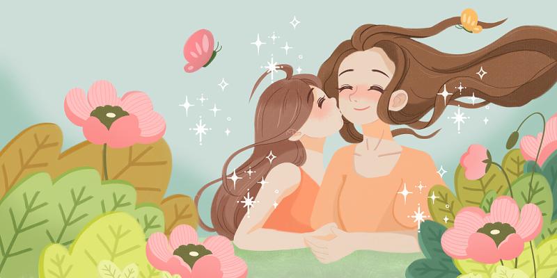 母亲节女孩和母亲亲密原创插画海报