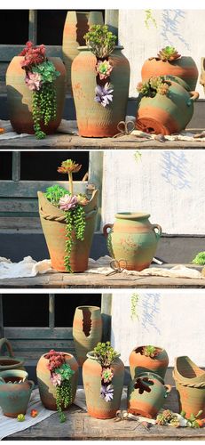 缺口多肉花盆粗陶老桩陶罐家居装饰干花透气大法师花瓶花器 l010(小)