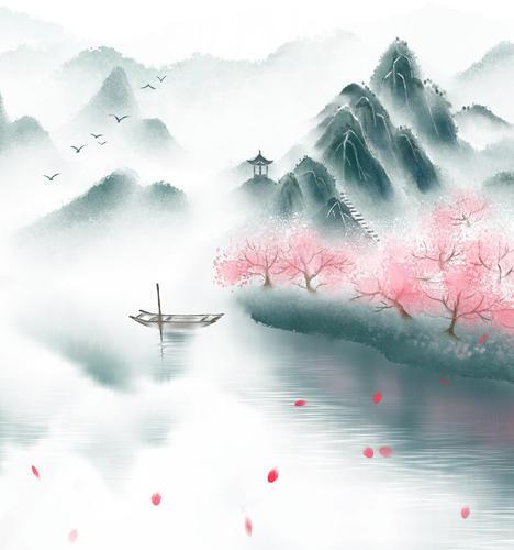 龙轩静作品《水墨古风山水意境插画》