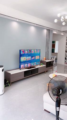 最简单背景墙 灰蓝色乳胶漆 六根黑色钛金条_背景墙_装修_乳胶漆_电视