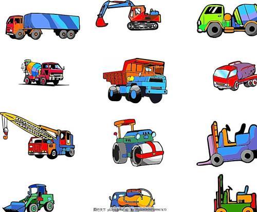 水车 吊车 推土车 晒水车 运输车 挖车 工程车 卡通 简笔画 插画 动漫
