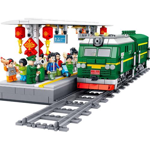 绿皮火车站积木拼装玩具系列益智轨道乐高小颗粒高铁