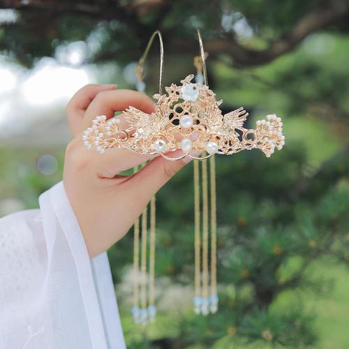 汉服发冠束发女明制古风流苏步摇花神冠蝶贝宋制古装头饰配饰品