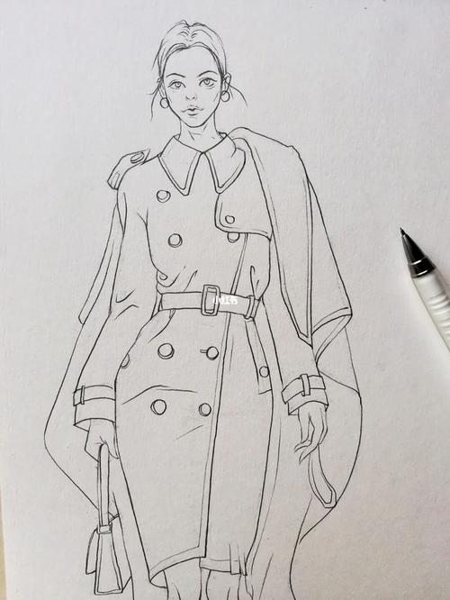 水彩服装效果图——032 风衣09_水彩画_风衣_铅笔画