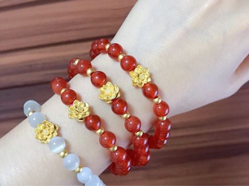 足金999莲花转运珠黄金光珠手链女红玛瑙手串白月光