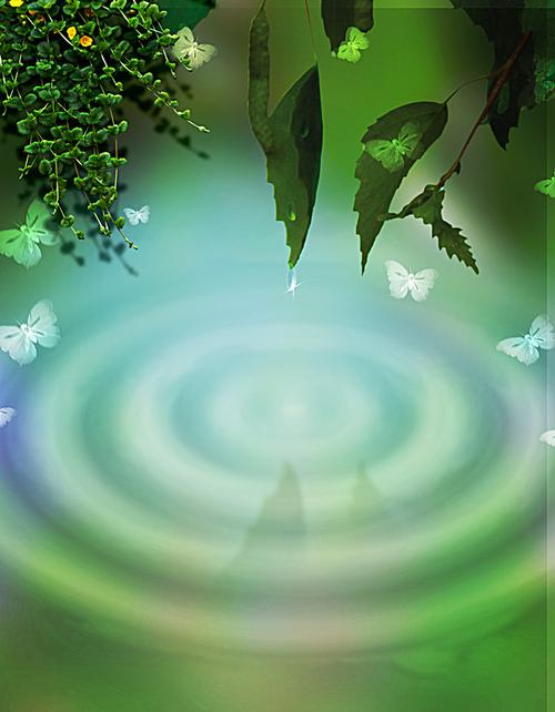 > 梦幻绿色树叶水波背景素材