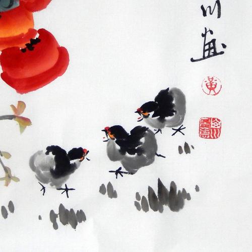 黄山川手绘真迹水墨画三尺斗方花鸟画作品国画柿子小鸡图事事如意