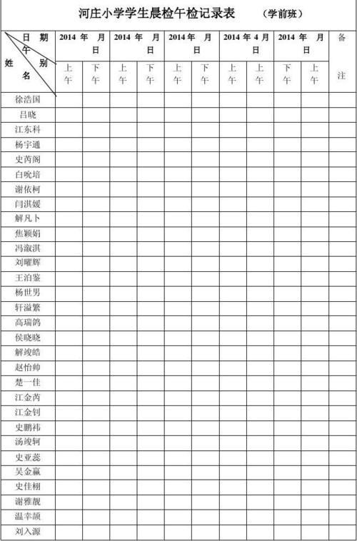 学生晨检午检记录表