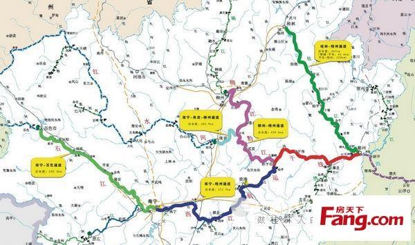 广西西江黄金水道建设五条通道示意图