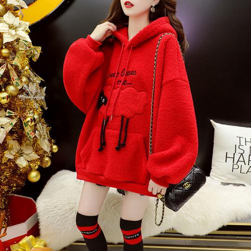 加绒加厚红色卫衣女跨年衣服2020新款秋冬洋气百搭宽松羊羔毛外套