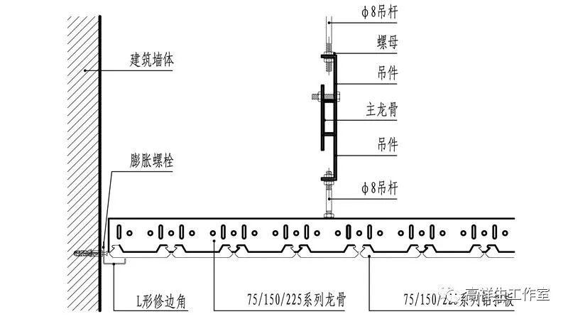 有承载龙骨的条形铝扣板吊顶构造剖面