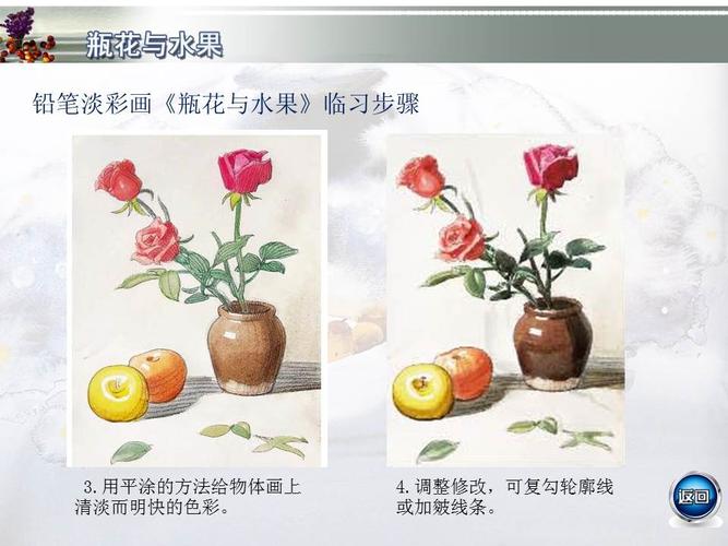 现在就让我们再学习画家冯晓阳的铅笔淡彩作品《瓶花与水果》吧!