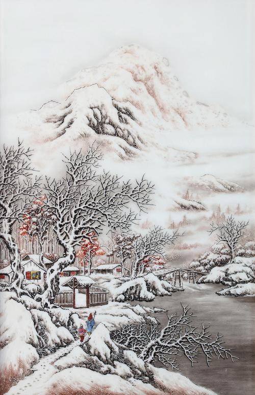 粉彩《踏雪访友》雪景山水瓷板